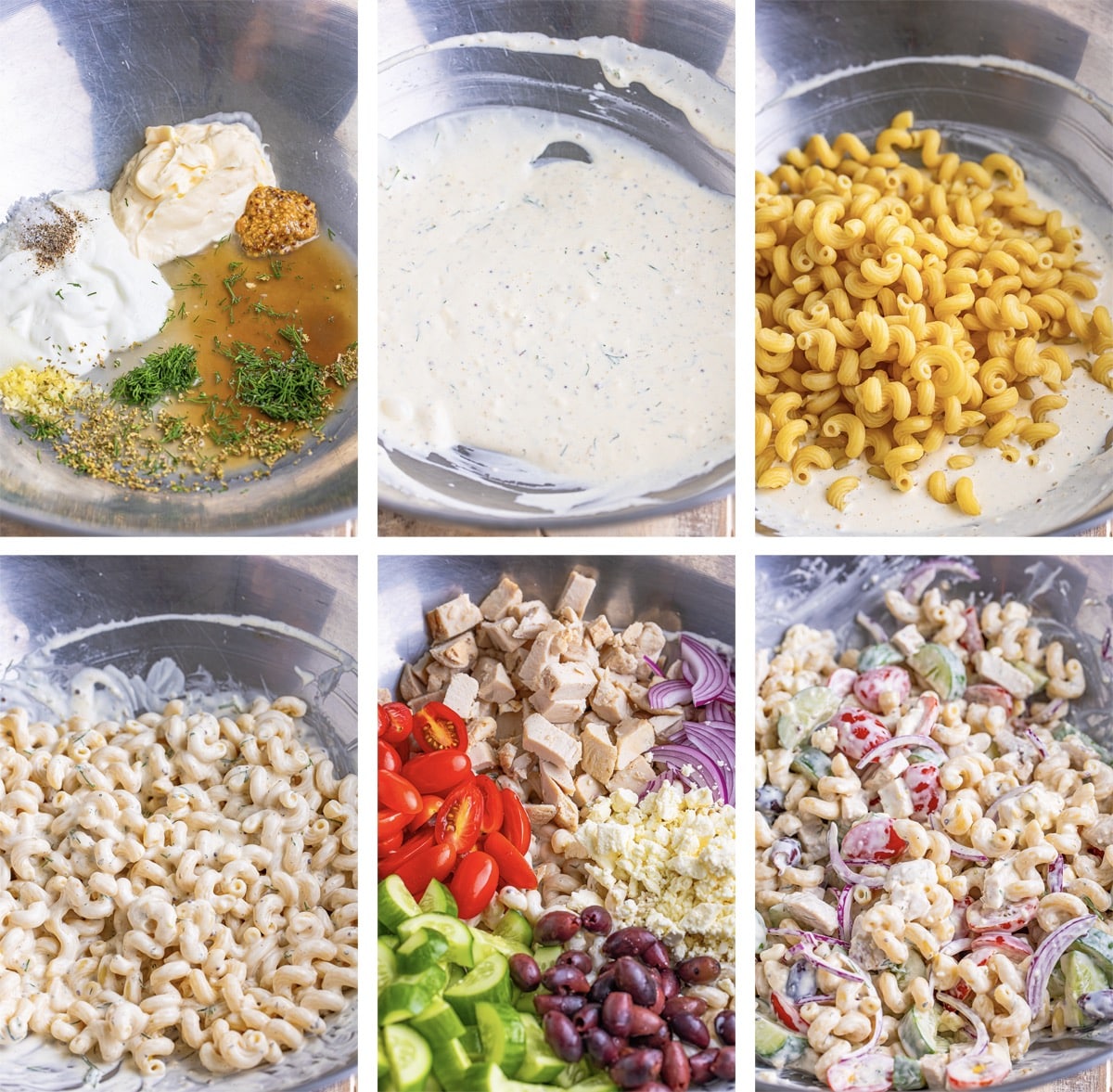 collage of images showing how to make Greek Pasta Salad Recipe
